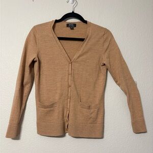Lord & Taylor Extra Fine Merino Wool Soft V neck Button Front Slim Tan Cardigan.